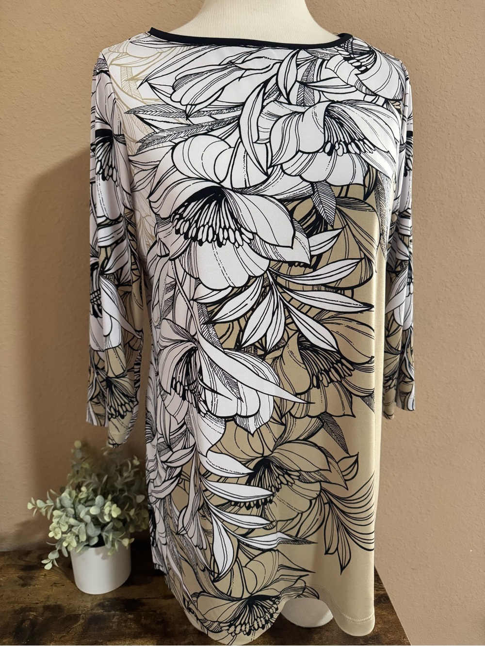 Susan Graver Black, White and Tan Floral Boatneck Tunic